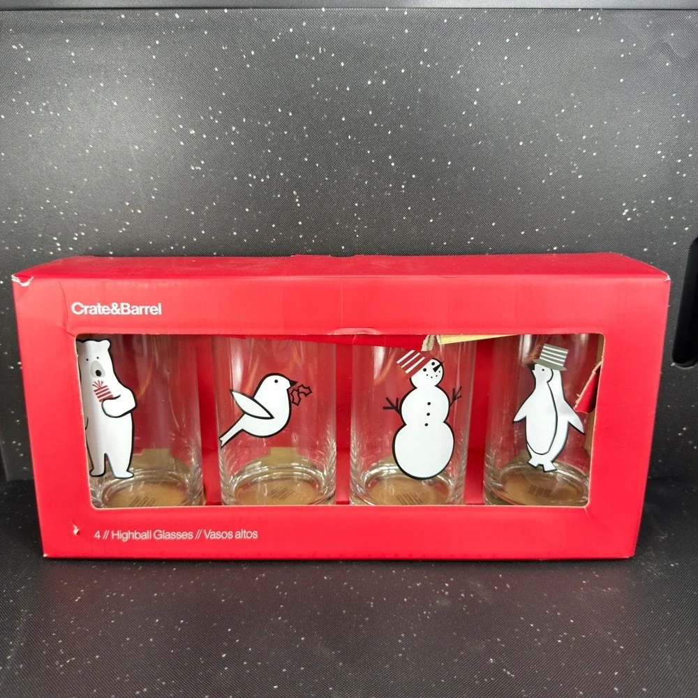 Crate & Barrel Joan Anderson Arctic Friends Highball Glasses Set 4 Holiday NEW